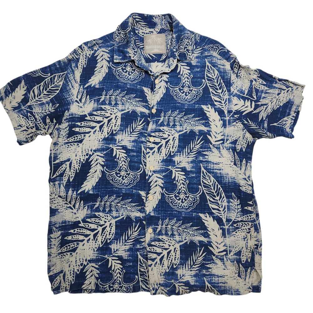Margaritaville Silk Linen Shirt Sz M Tropical Hawaiian Button Down Blue‎ White